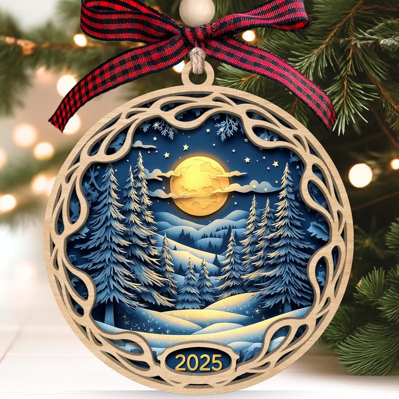 SUCHAGIFT Christmas Ornament 2025 - Moon Winter Forest Christmas Tree Ornaments, Blue Gold Moon Ornaments for Xmas Tree - Wood Holiday Ornament 2025 - Image 1